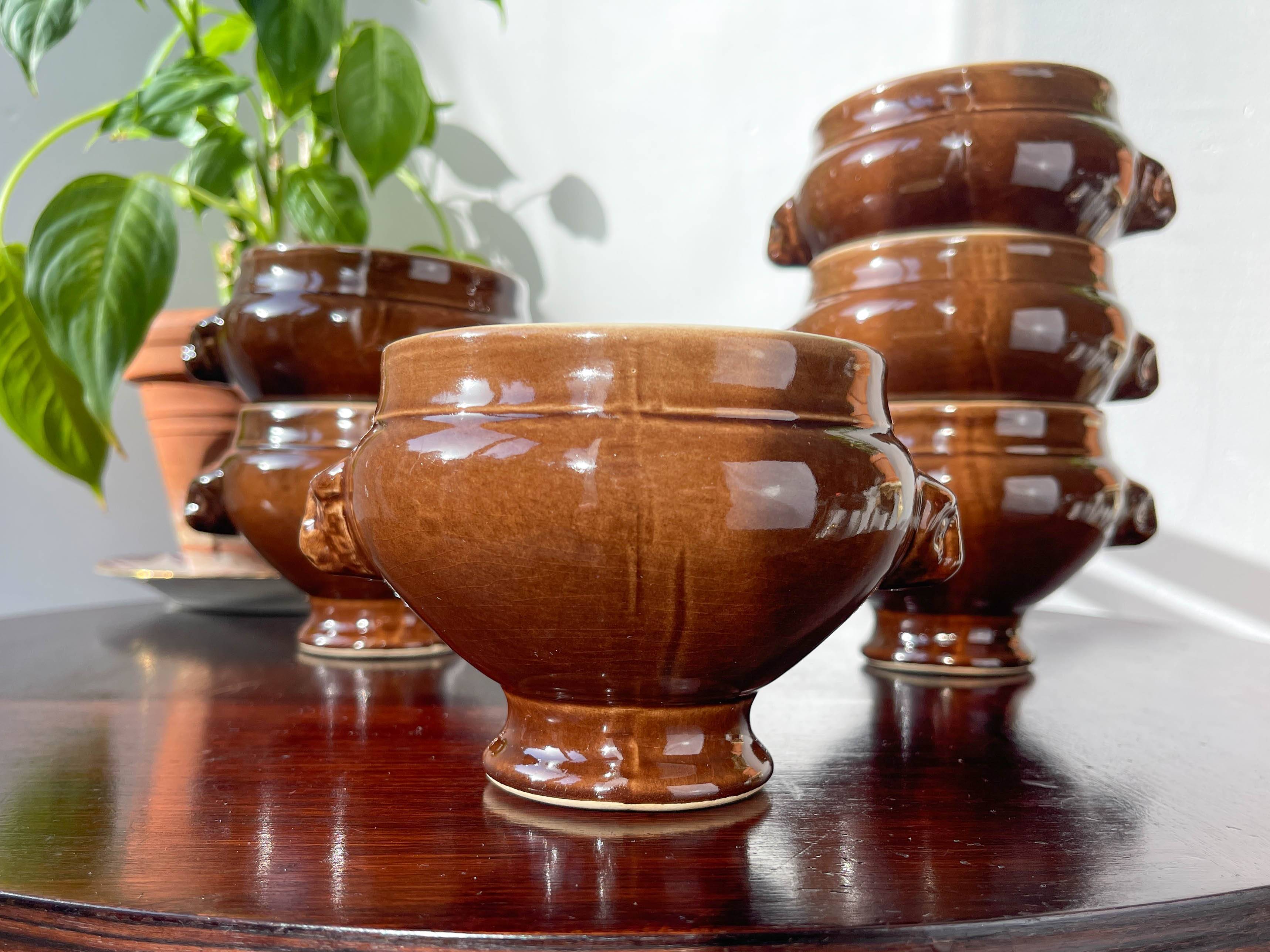 6 Lion's Head bowls in bi-colour brown and cream ceramic by Emile Henry, vintage, made in France.