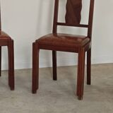 Set of 6 Art Deco chairs in Oak and Walnut with camel leather.