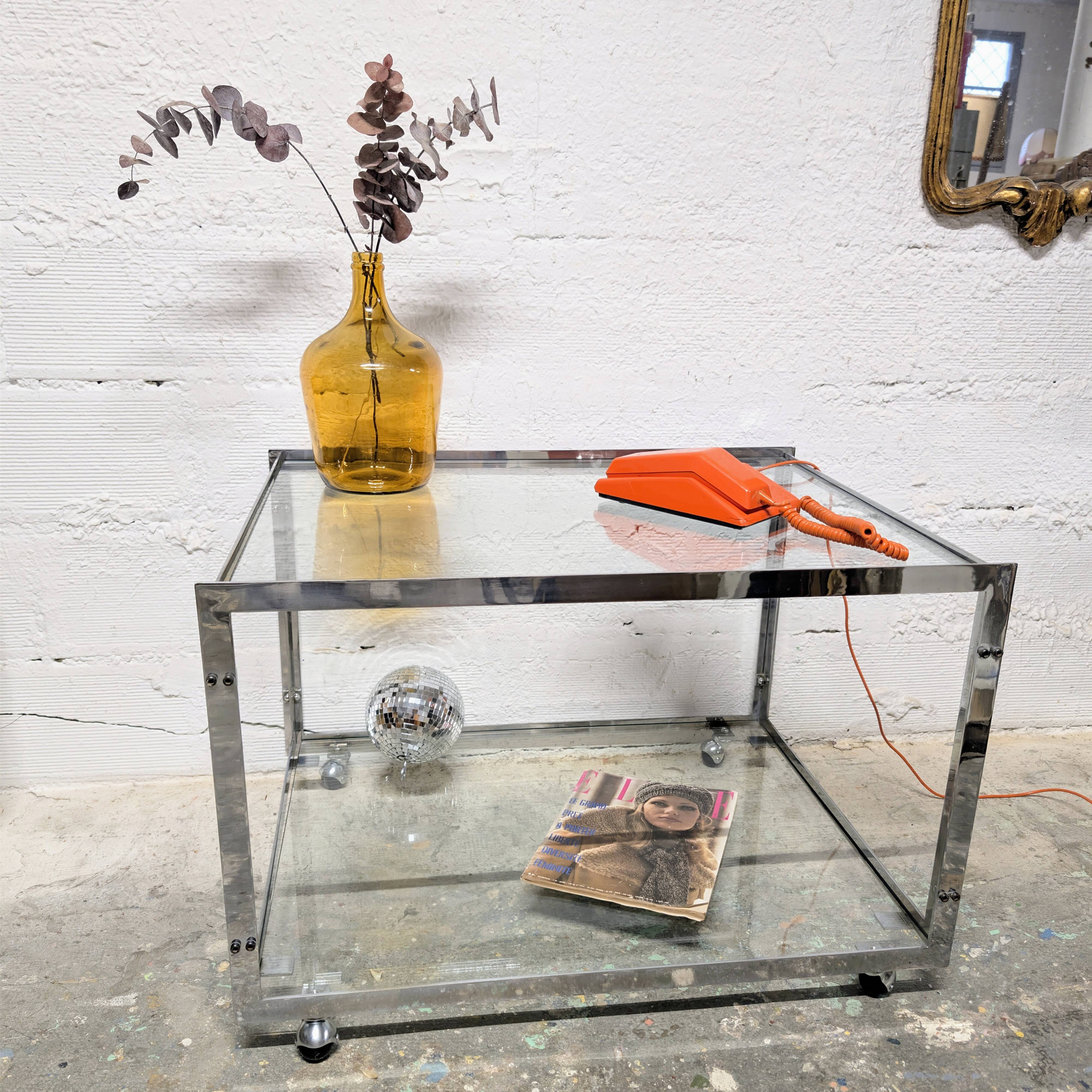 Table basse vintage chrome & verre Années 70