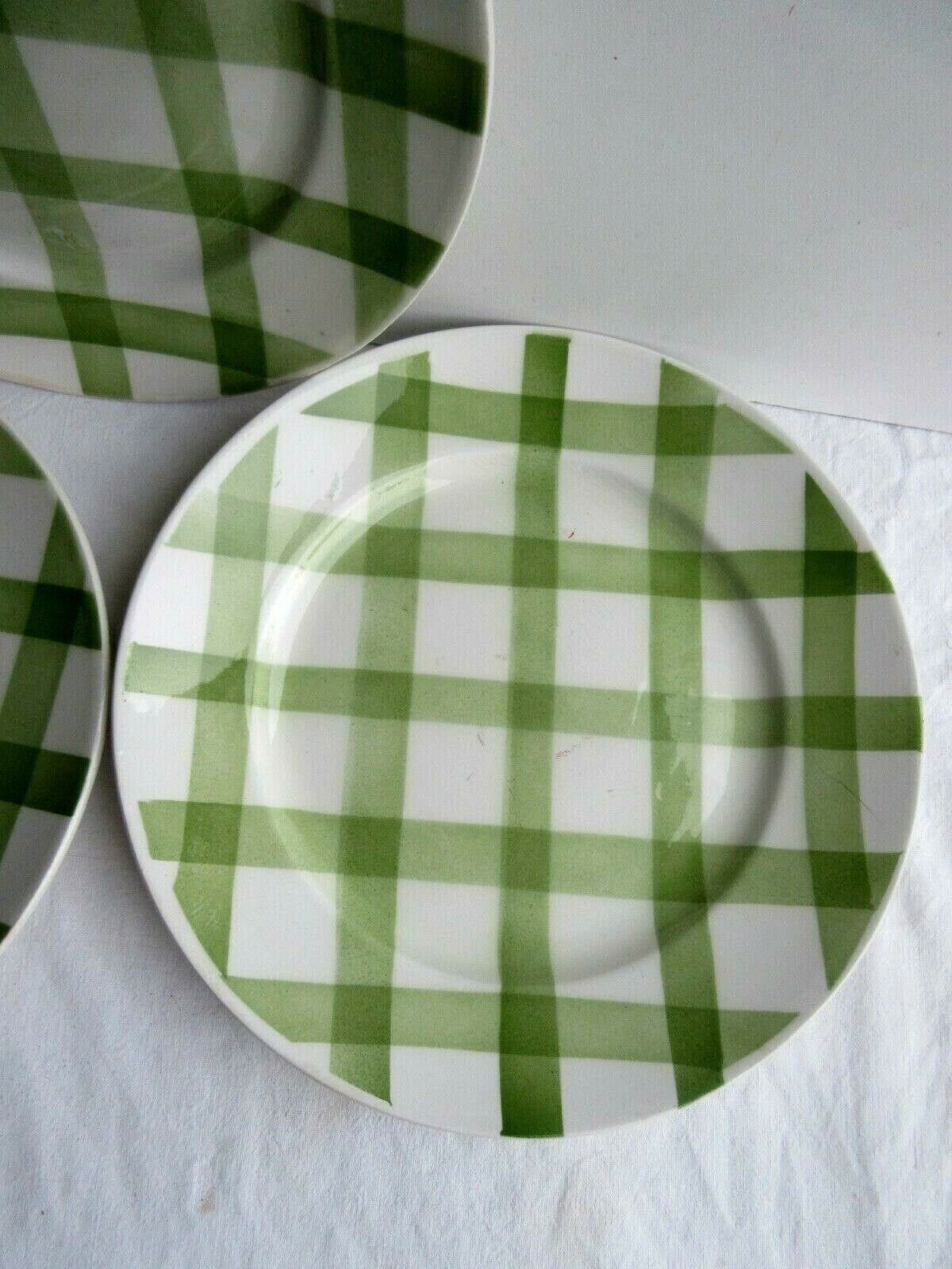 3 flat plates vintage art deco style, green checkered, Moulins des Loups