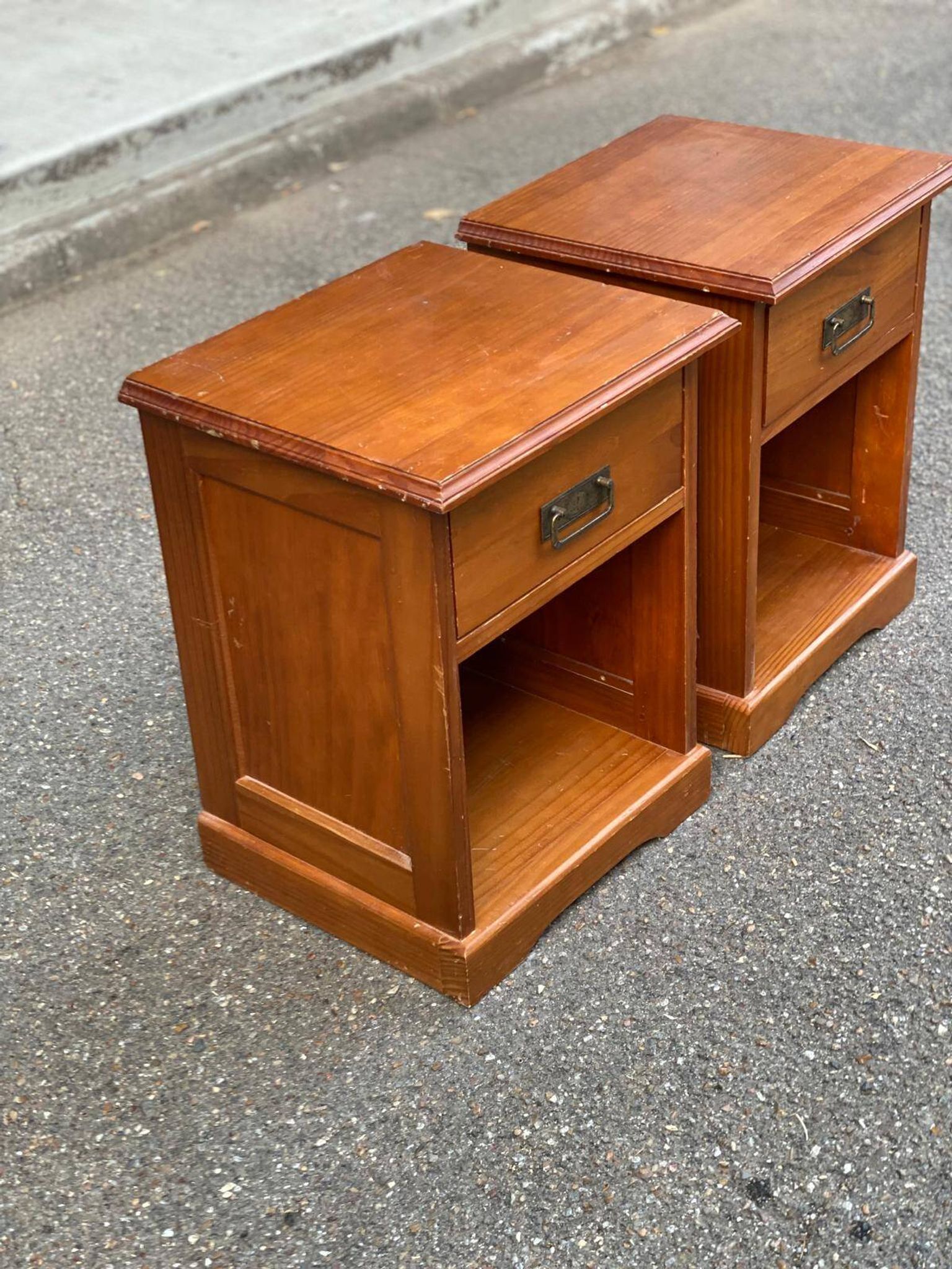 2 marine bedside tables in solid wood stained honey 1990