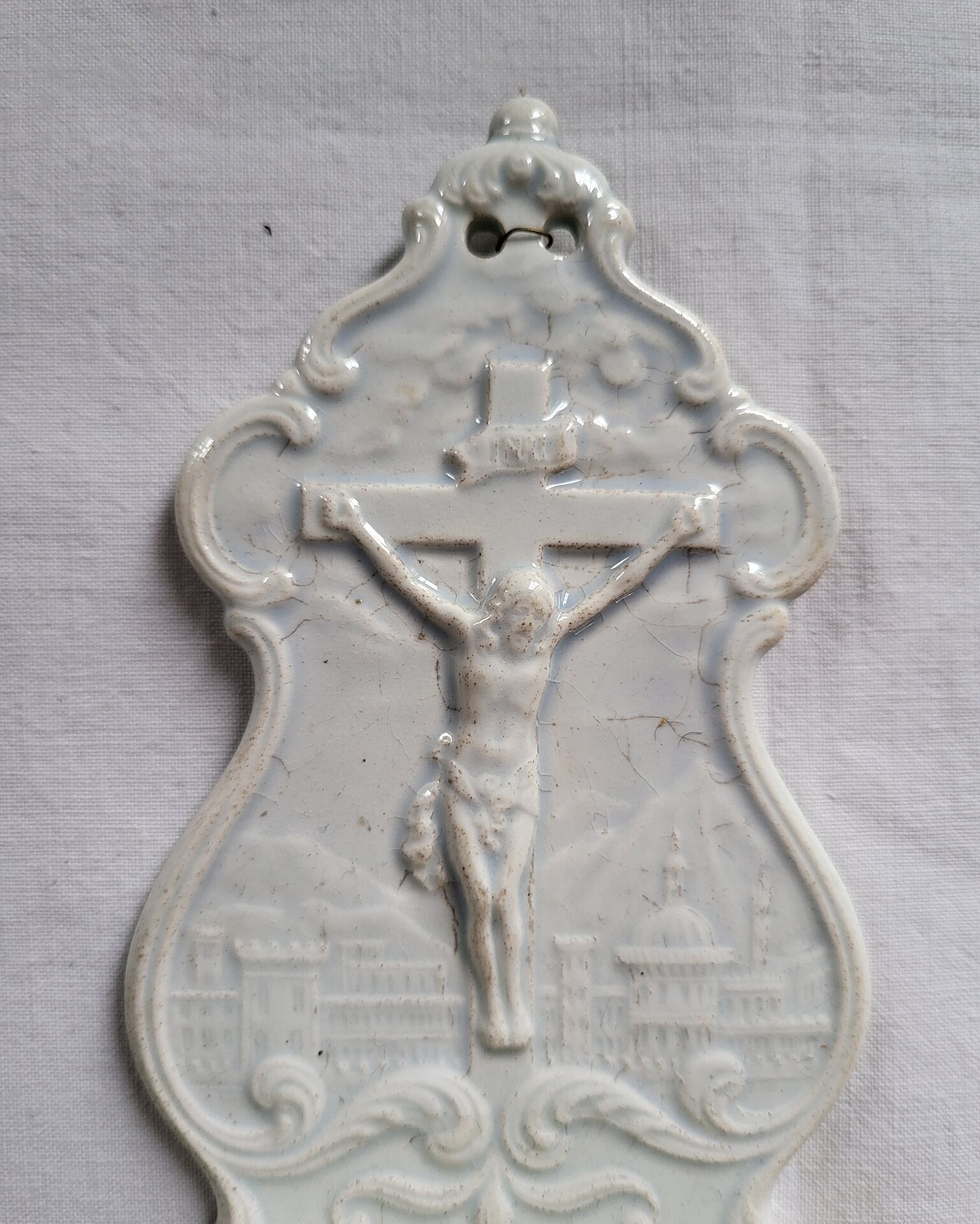 Antique Baptismal Font in Fine Faience Creil and Montereau White Christ Cross