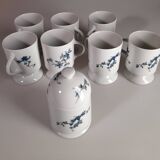 Ensemble sucrier et 7 mugs / tasses à fleurs bleues en porcelaine de Limoge