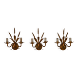 Set of 3 gilded wrought iron wall lights with wheat ears, 1960s