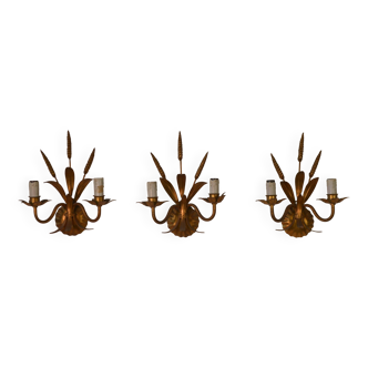 Set of 3 gilded wrought iron wall lights with wheat ears, 1960s
