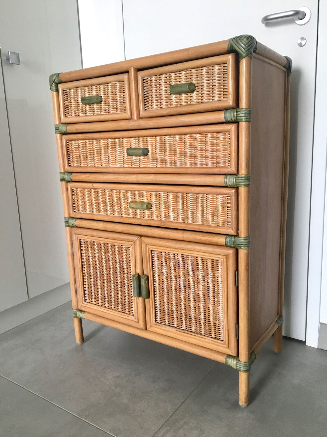 Vintage natural rattan chest of drawers 80s
