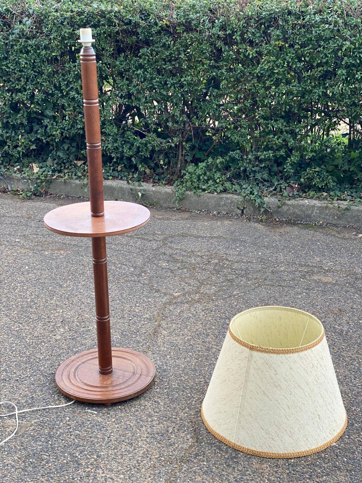 Art Deco floor lamp with wooden shelf and beige lampshade