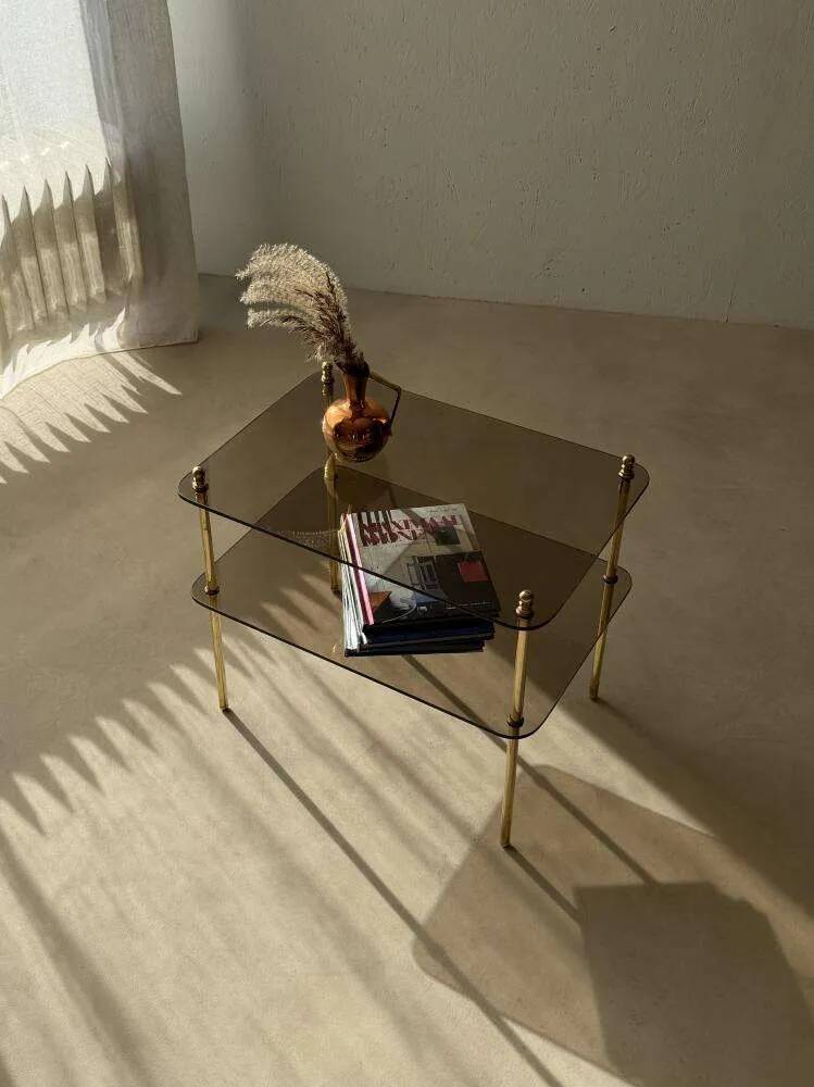 Vintage brass side table with smoked glass, 1970s