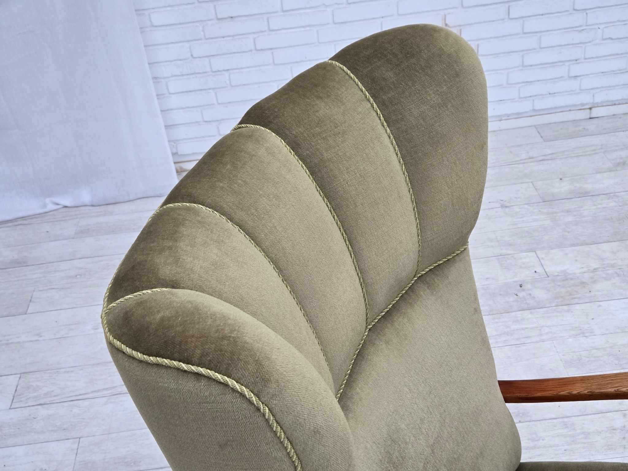 1960s, Danish highback armchair, furniture velour, oak wood.