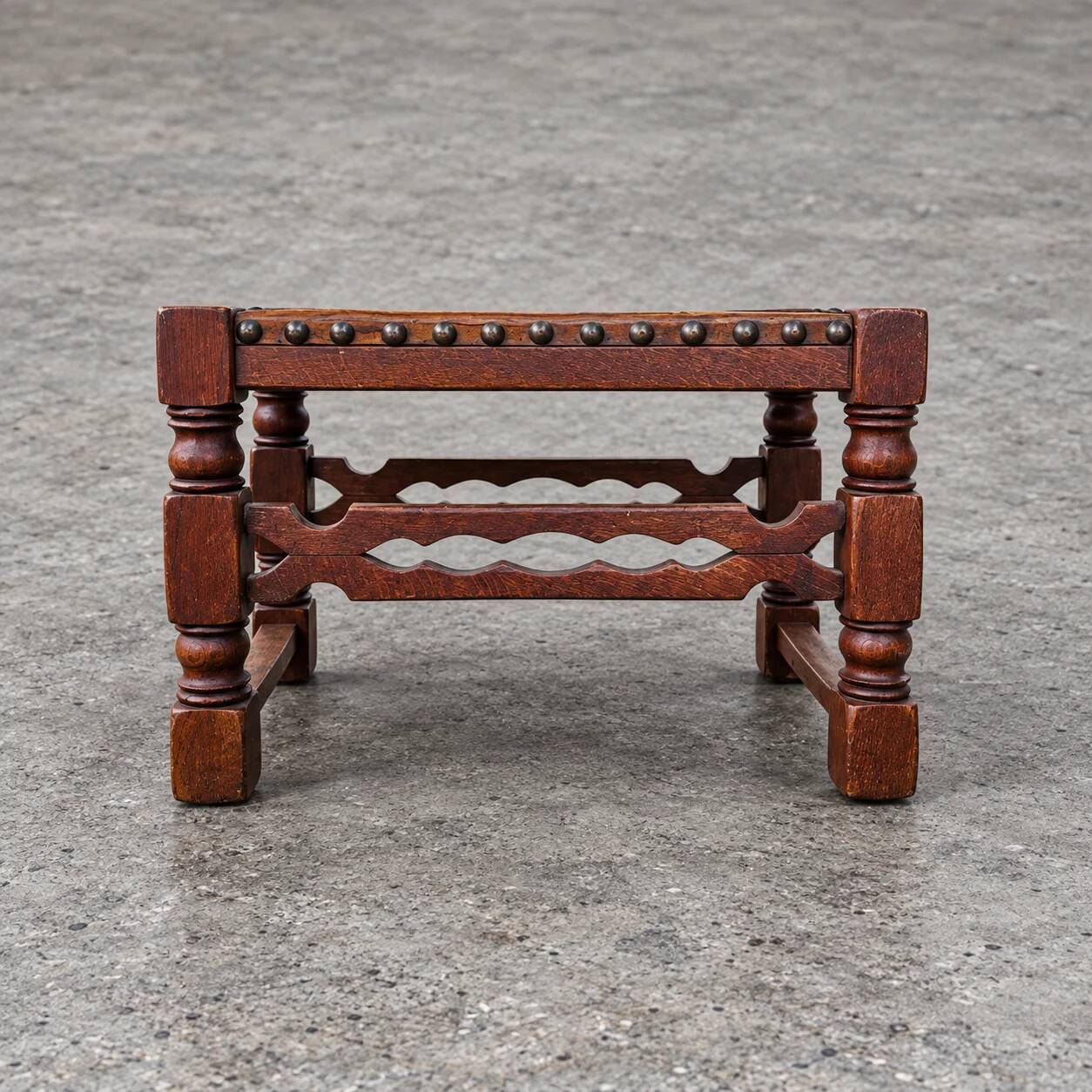 2 x Spanish footstool / wood leather / medieval-style / 1920s