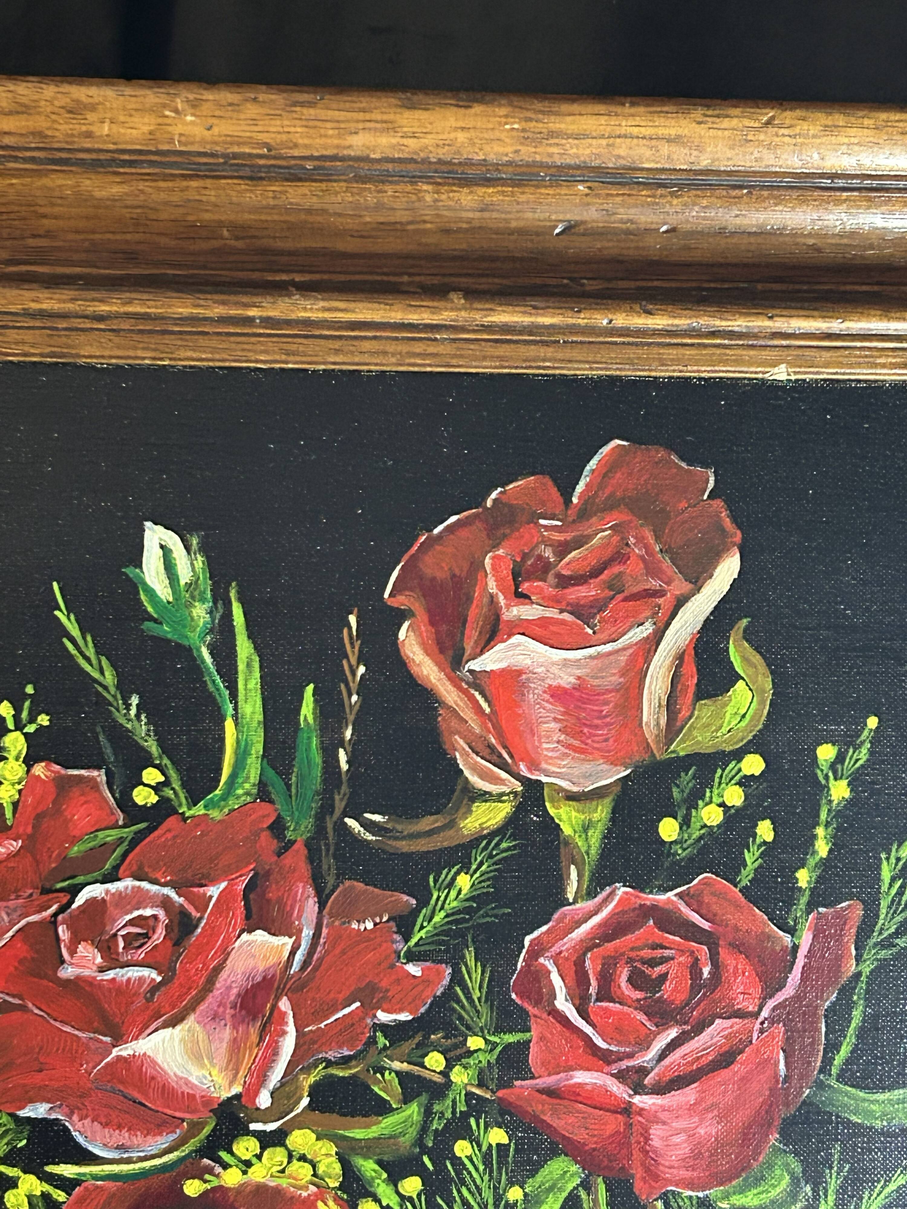 Nature morte aux roses – Huile sur toile signée et datée 1977 –Cadre bois