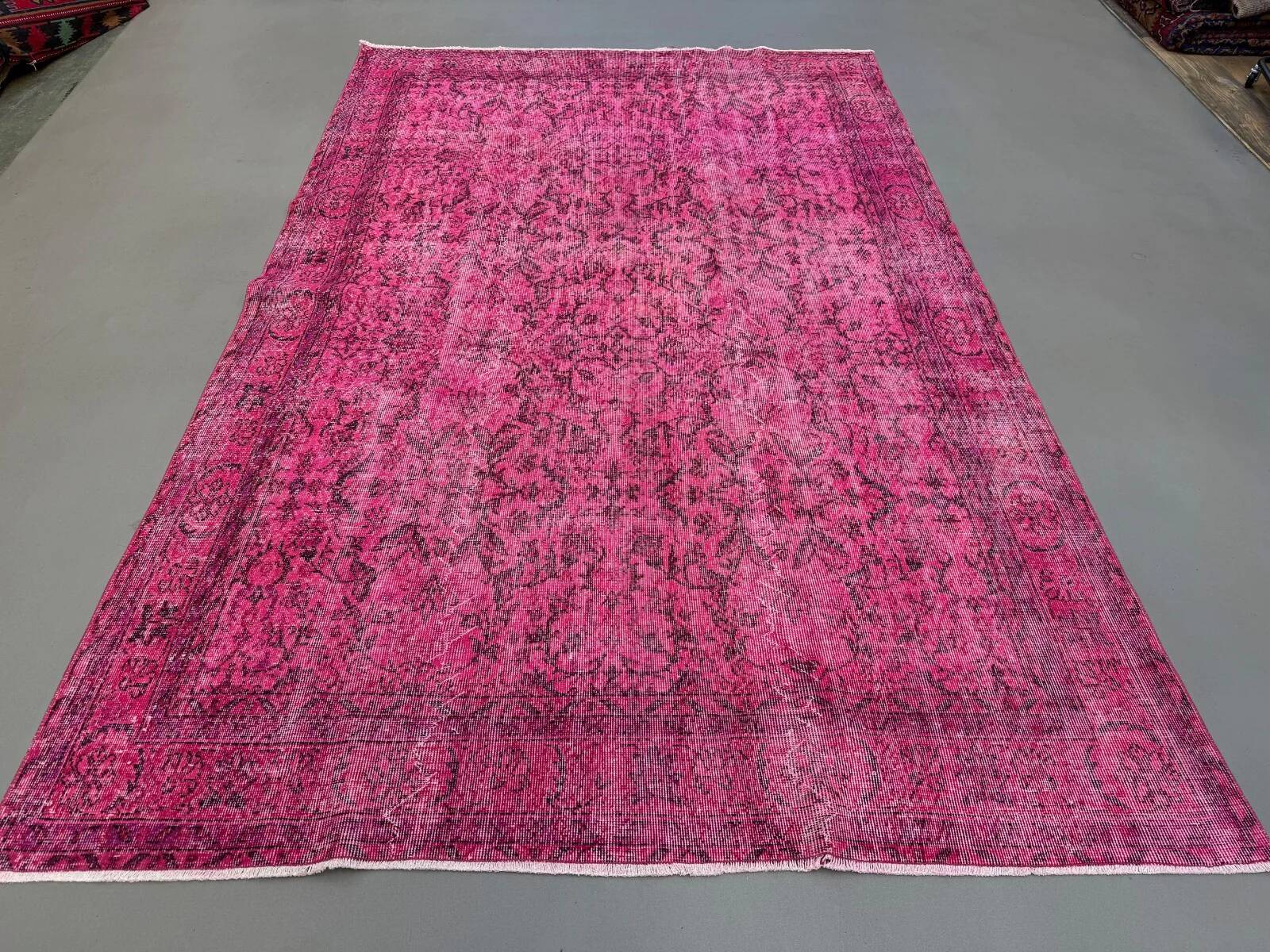Turkish rug pink 300x200 cm, vintage overdyed tribal wool carpet large 2511