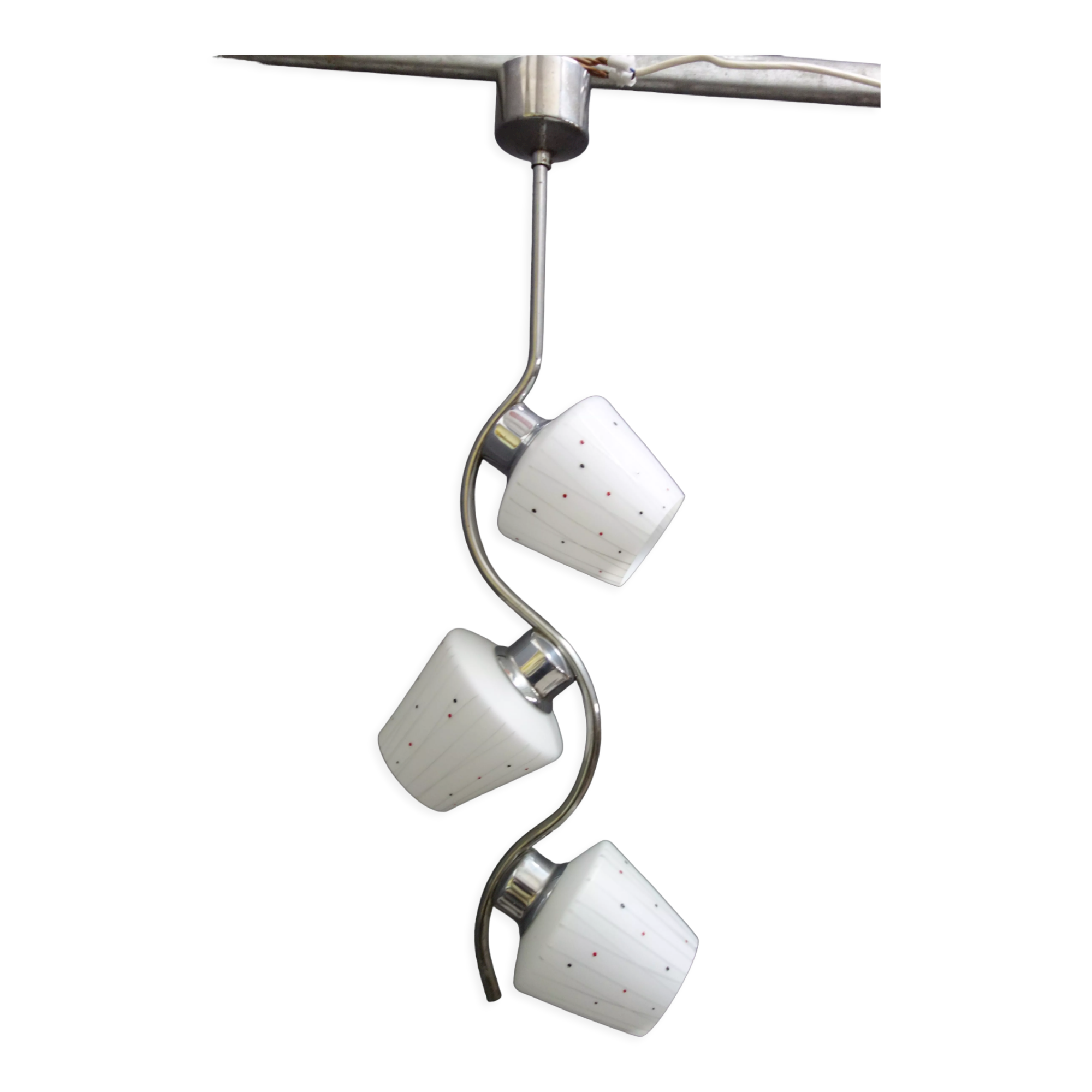 Chrome pendant lamp with 3 white shades 1960s