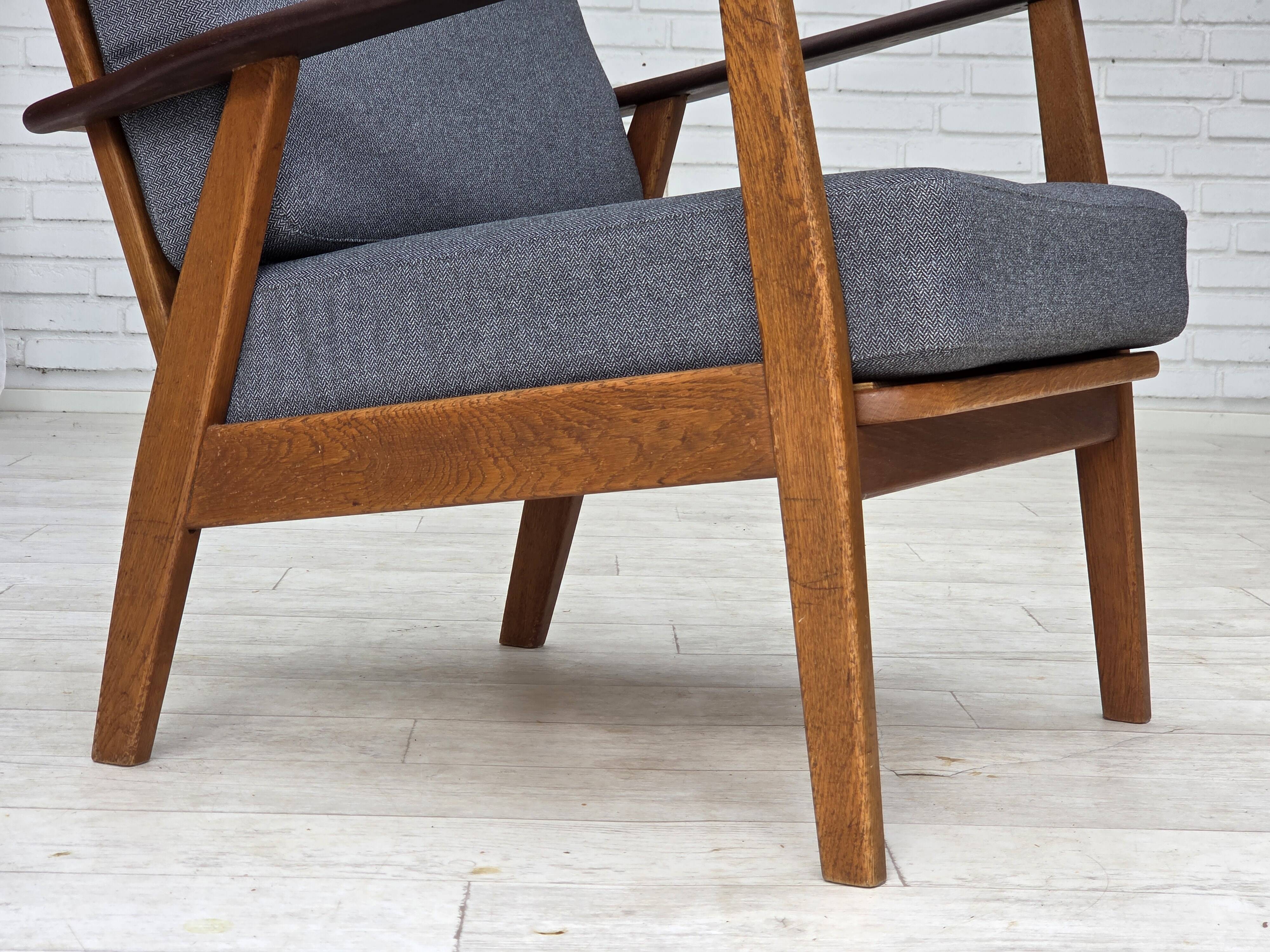 1970s, pair of Danish armchairs, reupholstered, furniture wool, teak, oak.