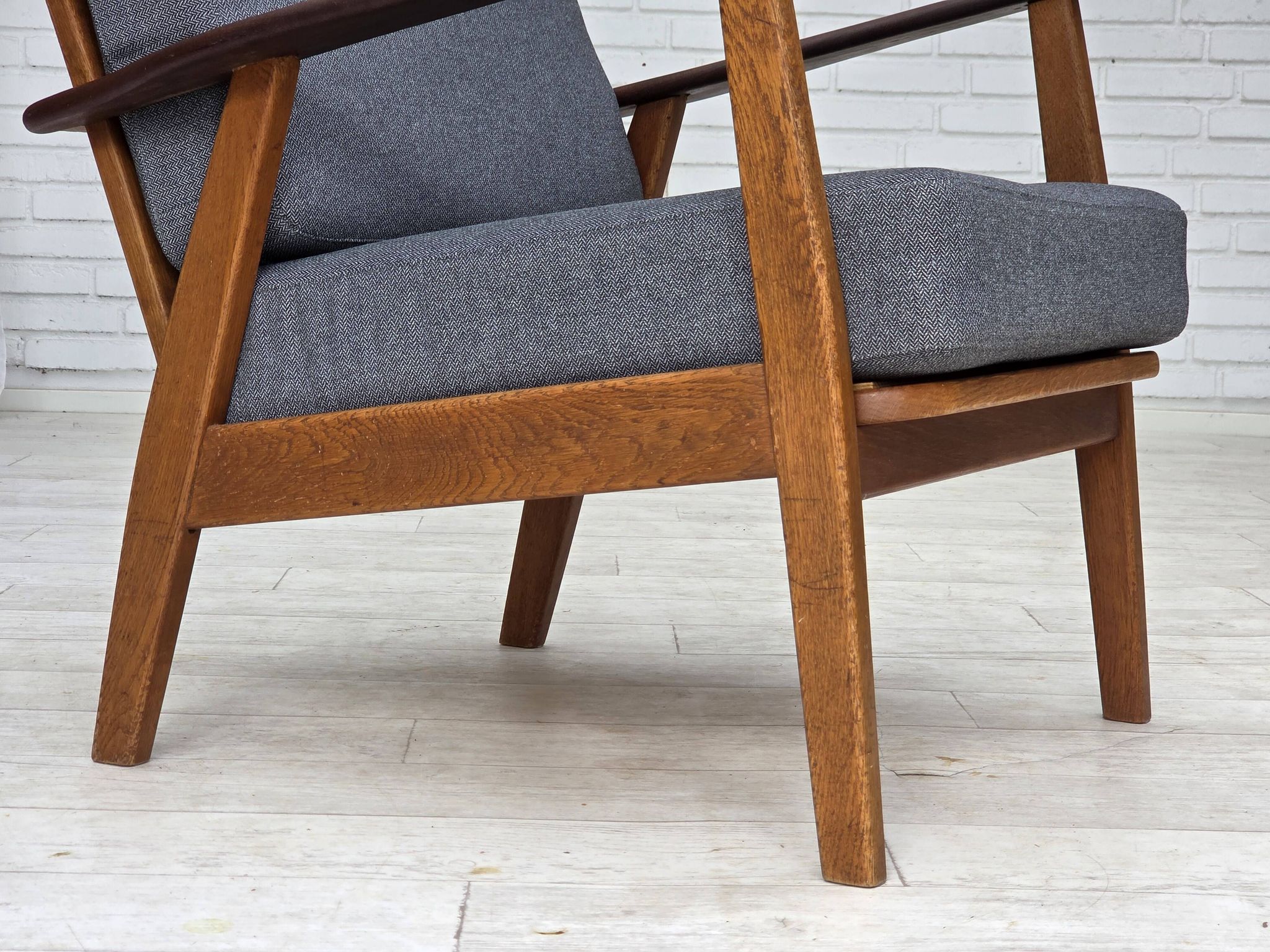 1970s, pair of Danish armchairs, reupholstered, furniture wool, teak, oak.