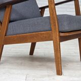 1970s, pair of Danish armchairs, reupholstered, furniture wool, teak, oak.