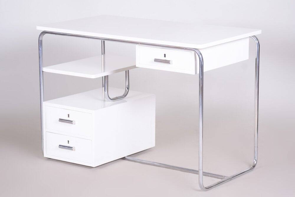 Bauhaus Desk in Chrome-Plated Steel and White Lacquered Wood, Germany, 1930s