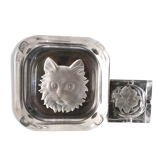 Set of two vintage ashtrays engraved glass cat and flower