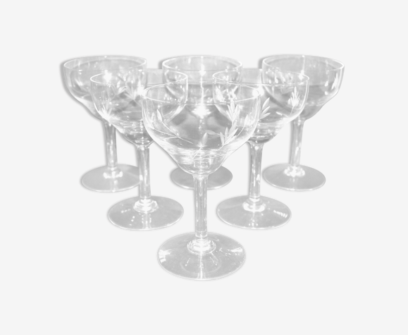 Lot de 6 verres à eau ou vin rouge vintage en verre soufflé gravé 13.2cm ht