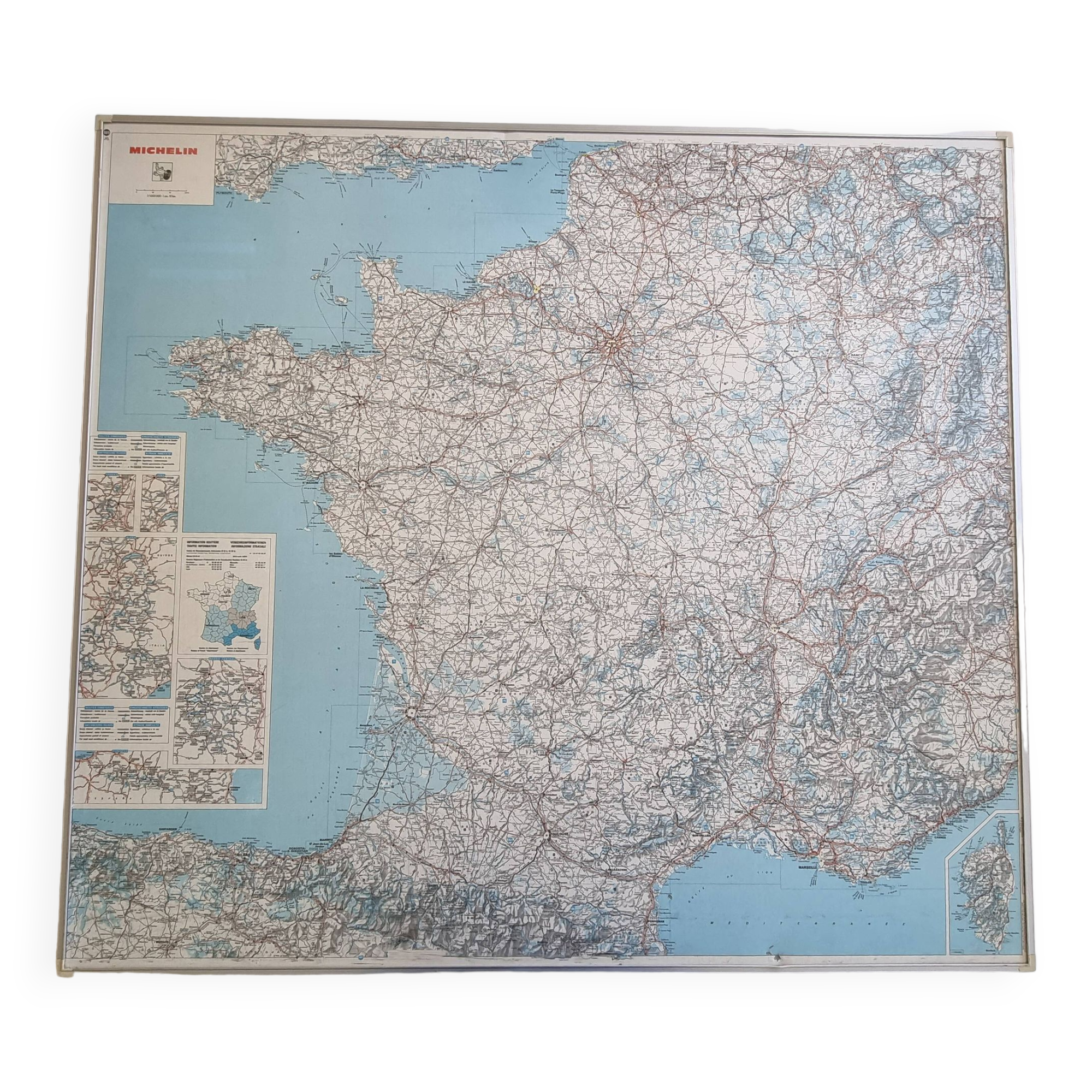 Framed vintage "Michelin" road map from the 80s, 111 cm x 100 cm
