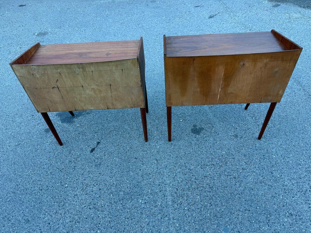 Modernist Danish teak bedside tables with rattan shelves, set of 2