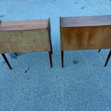 Modernist Danish teak bedside tables with rattan shelves, set of 2