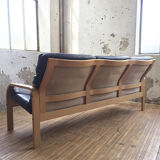 Danish sofa and armchairs curved wood and leather