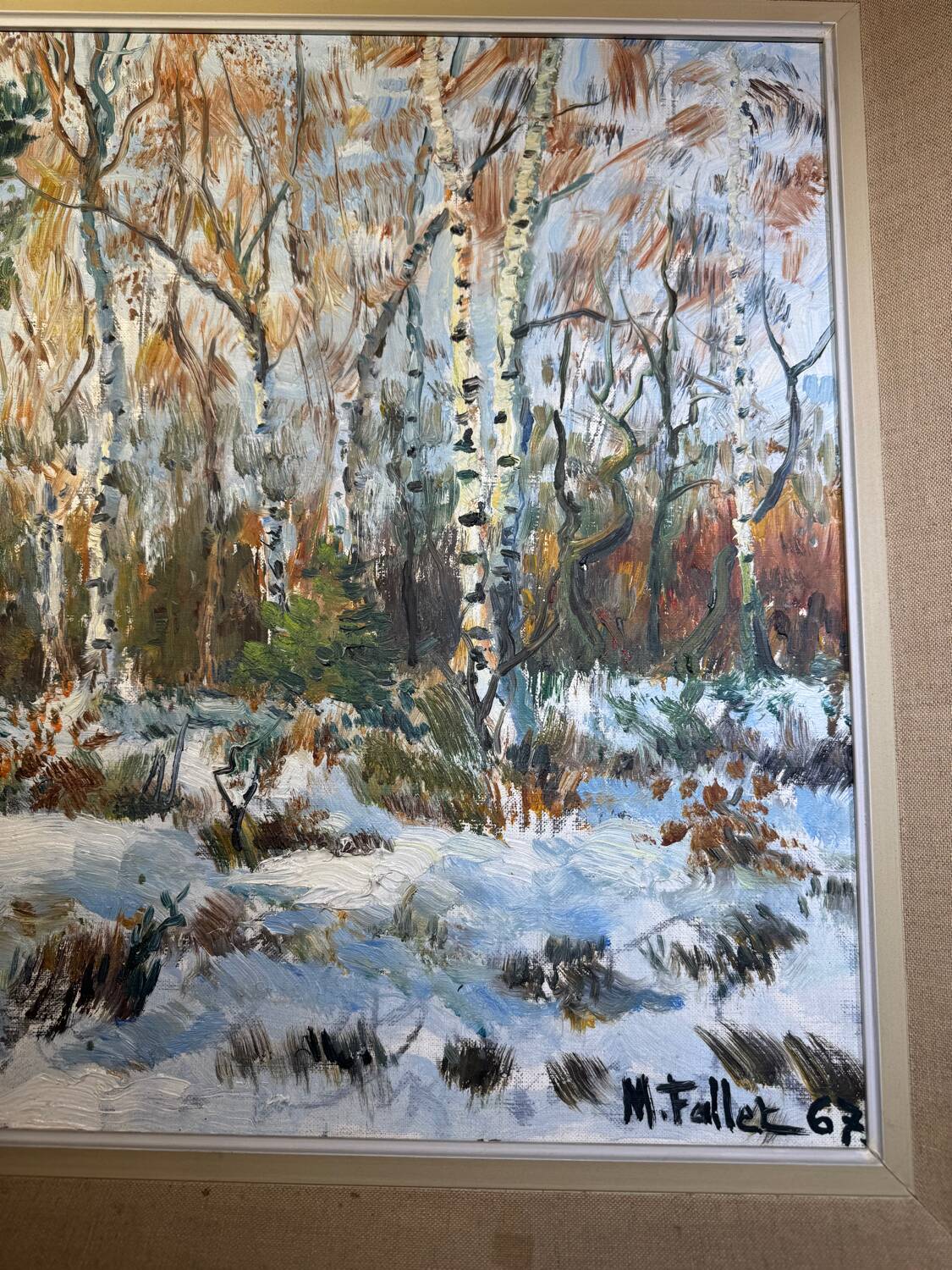 Antique painting, landscape under the snow, signed Fallet 1967