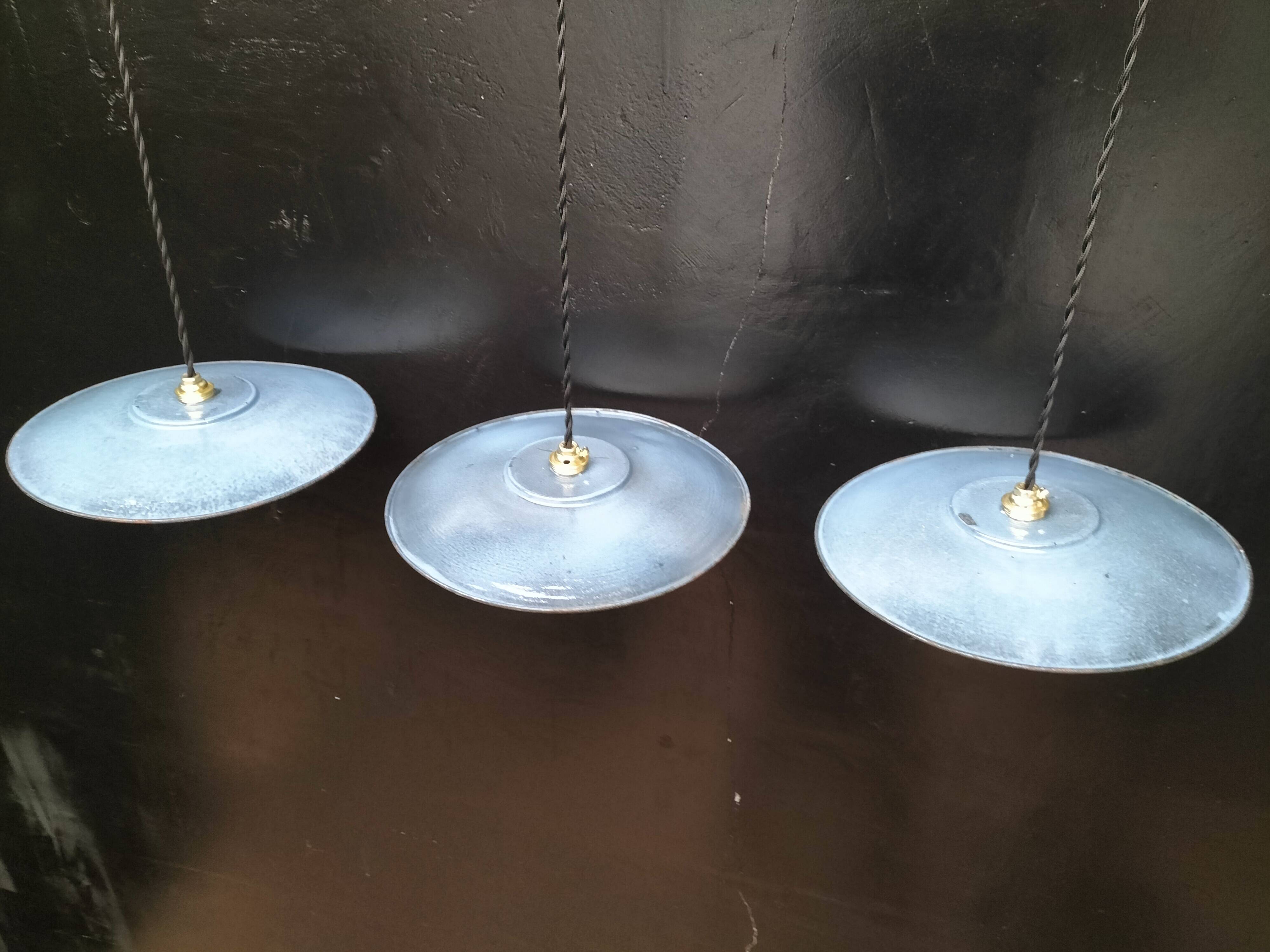 3 blue enameled sheet metal pendant lights