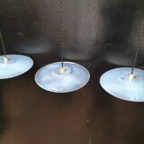 3 blue enameled sheet metal pendant lights