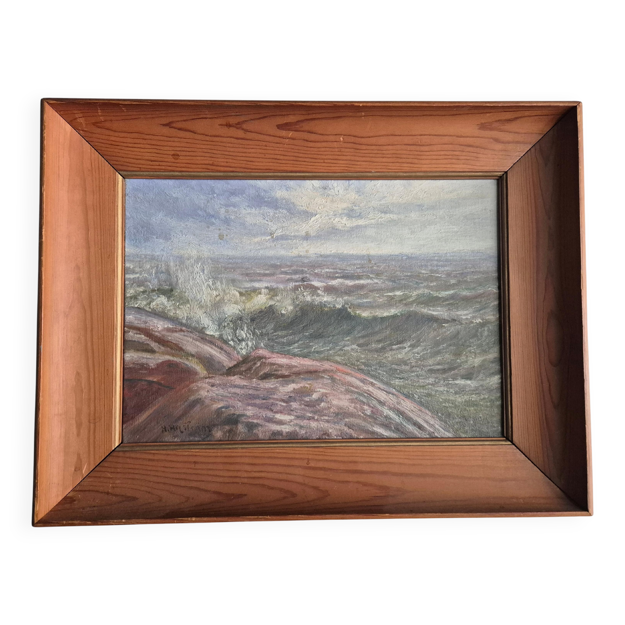 Peinture à l'huile suédoise, motif d'océan / d'archipel avec cadre en pin, milieu des années 1900