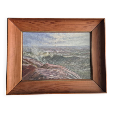 Swedish oil painting, ocean/archipelago motif with pine frame, mid-1900s.