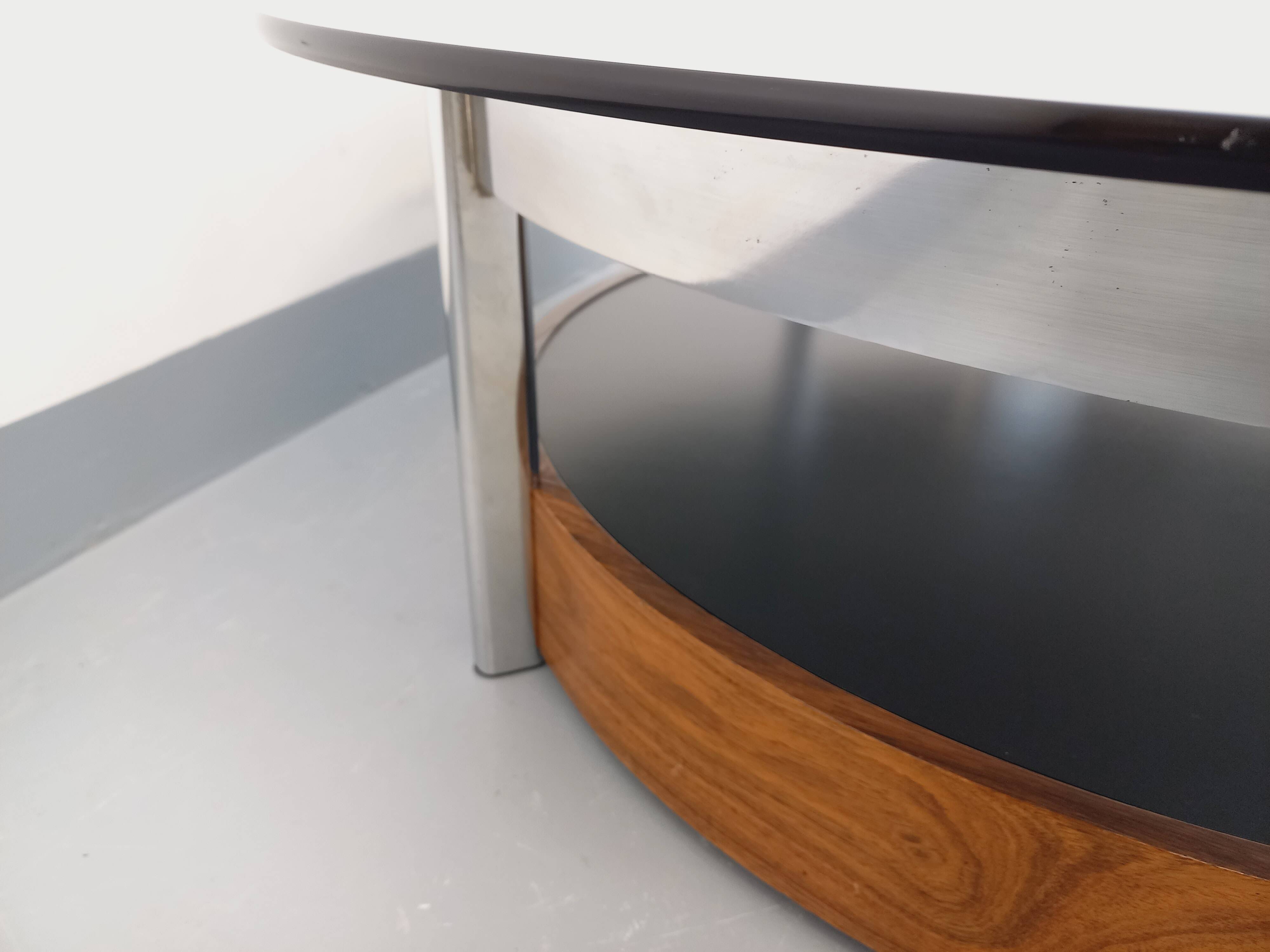 Vintage Italian round coffee table in rosewood, chrome metal, glass.