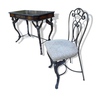 Cast iron and wood desk decorated with carved Sphinxes with its 19th century chair