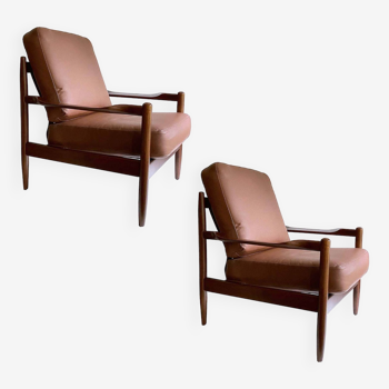 Paire de fauteuils scandinaves teck et cuir, années 60