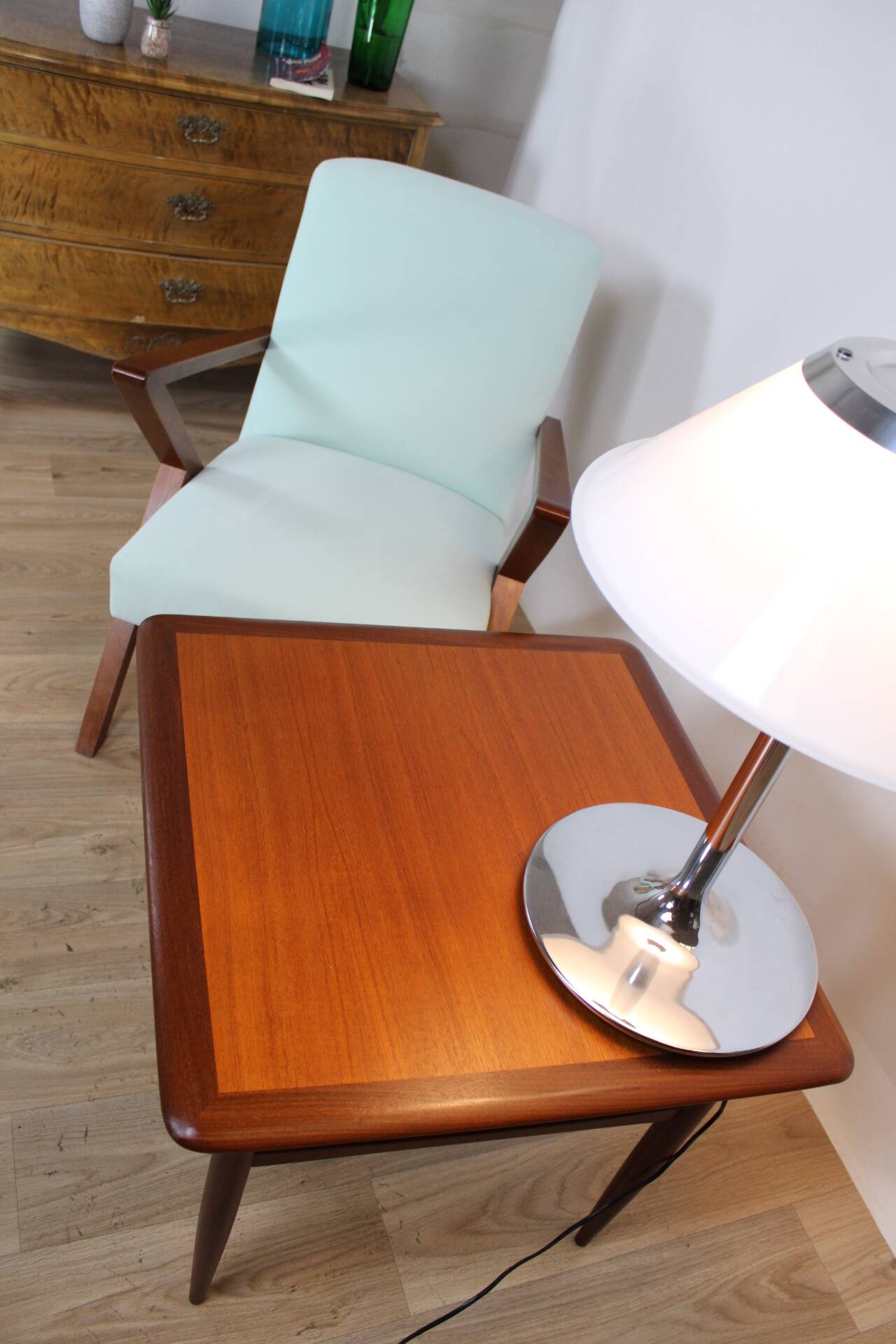 Vintage square teak coffee table 63x63 cm hbm mobler 1970 suede