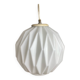 Designer pendant light with geometric opaline glass globe, mid-20th century