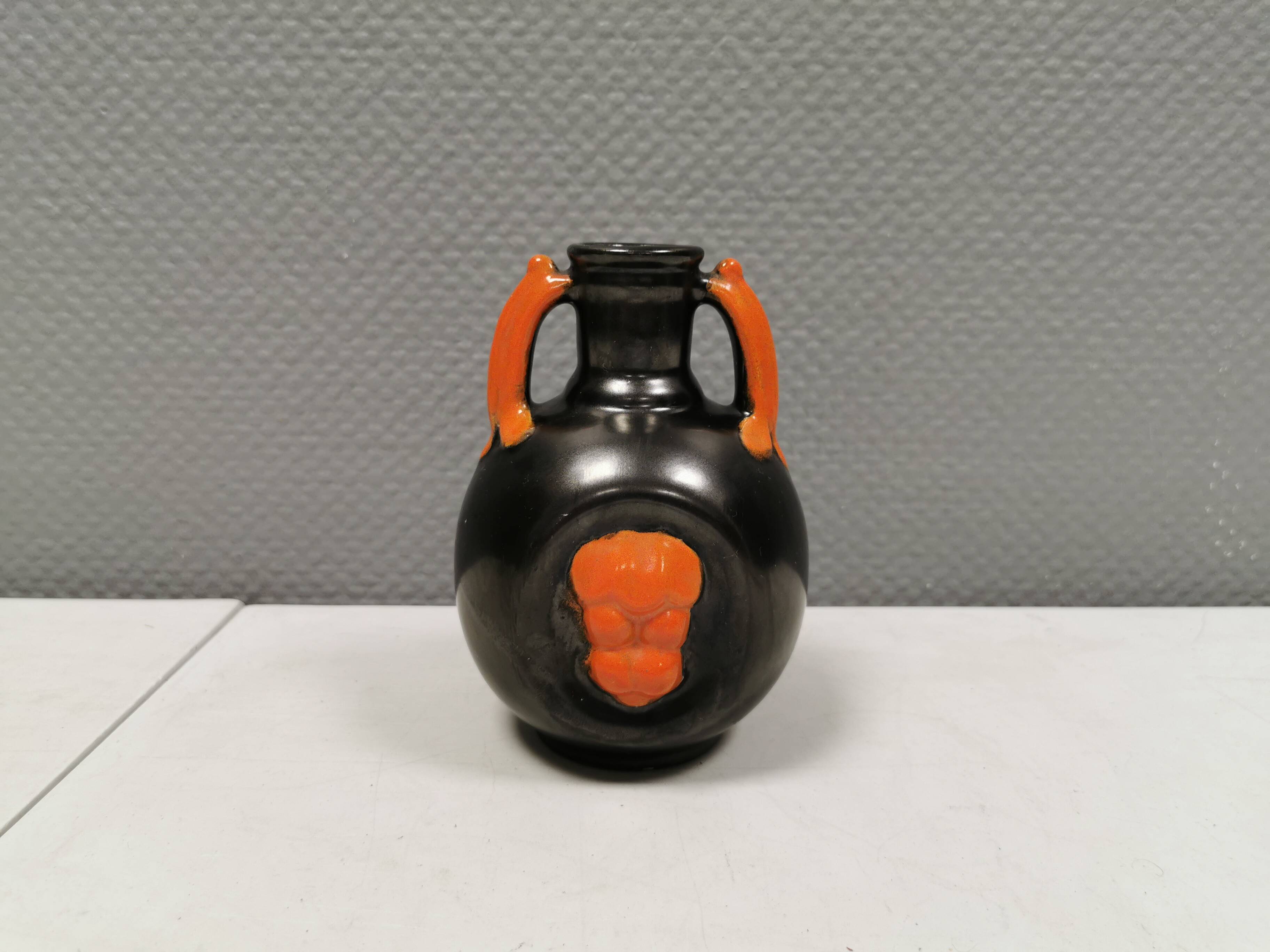Vase in metallic glaze with orange details, Upsala Ekeby Sweden