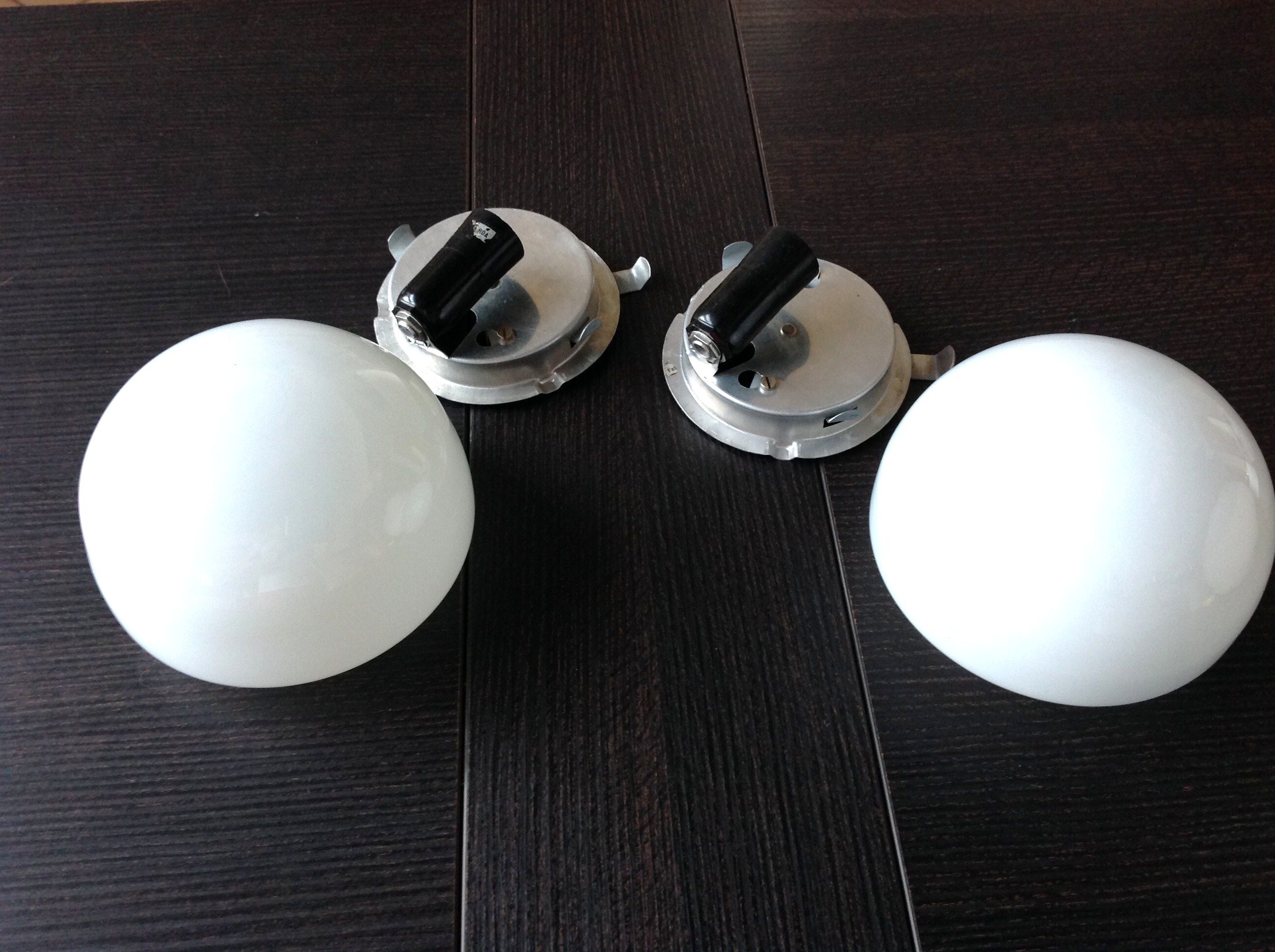 Pair of globe half moon ceiling lights in opaline vintage 60s-70s