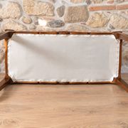 Two-seater bench in carved wood, with curved armrests.