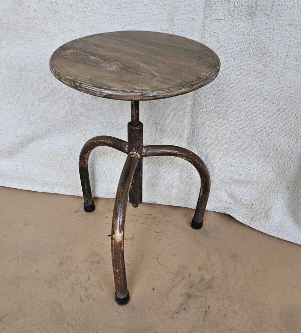 Ancien tabouret d'atelier en teck + fer forgé