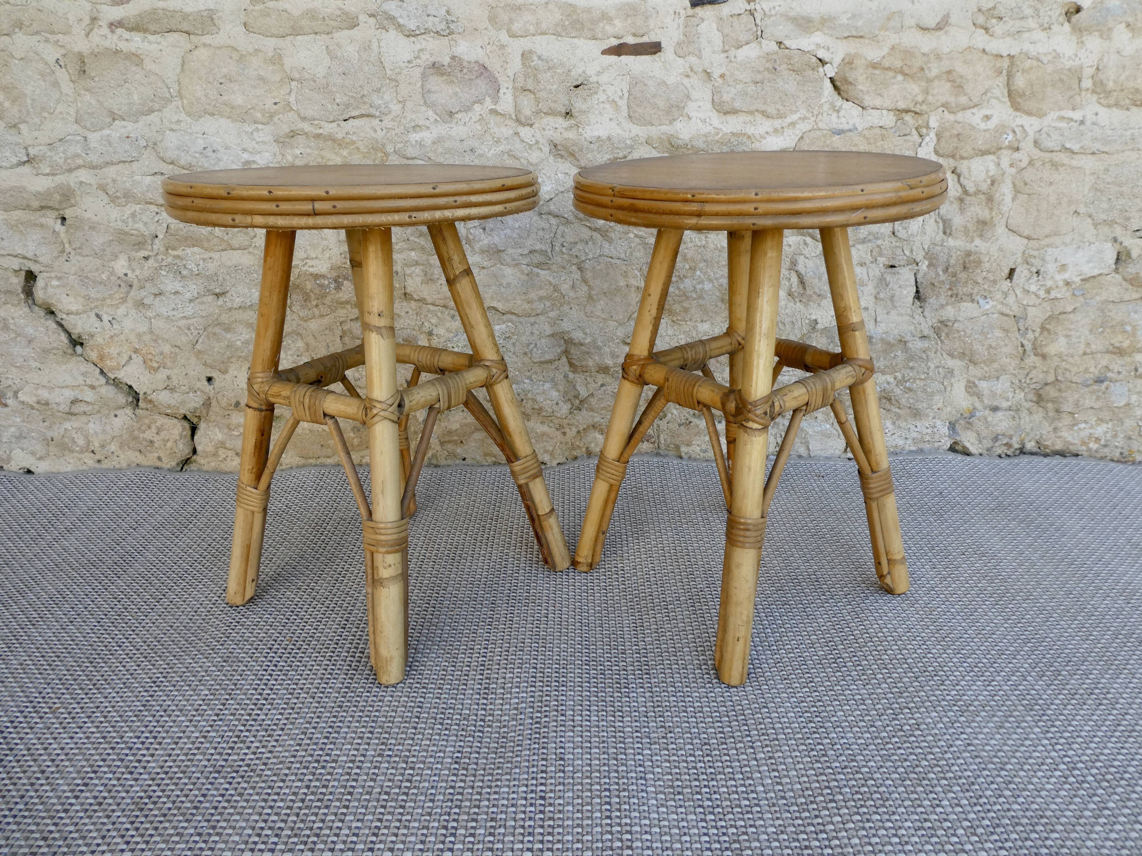 Pair of rattan and wood stools, vintage
