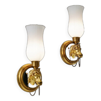 Vintage horse sconces/wall lights,gilt bronze, 1970`s ca, French, Rewired