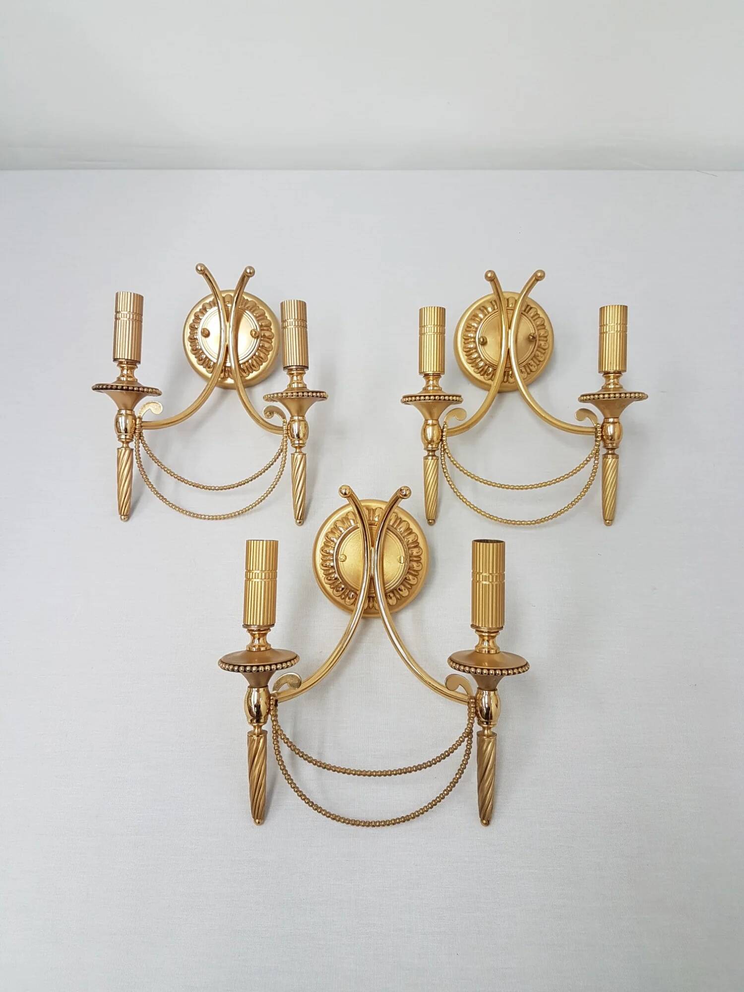 Set of 3 vintage Sciolari wall lights gold plated brass Italian 1960s