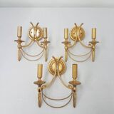 Set of 3 vintage Sciolari wall lights gold plated brass Italian 1960s