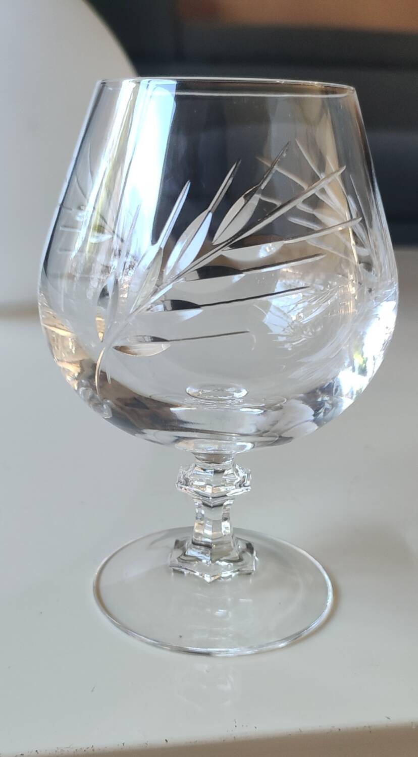 Set of 6 Cognac Glasses. Fleury/Arques Crystal Model. Wheat Ears Design