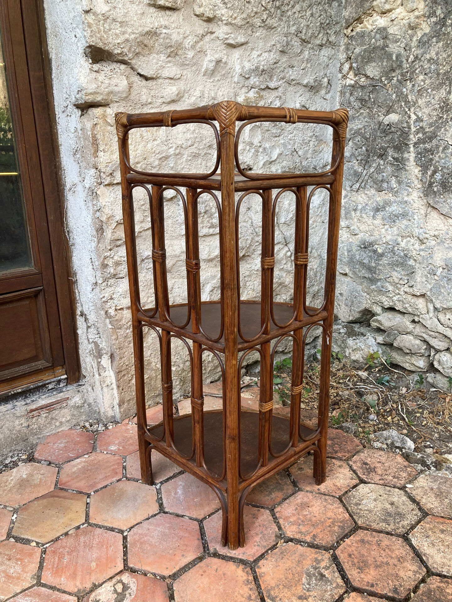Vintage rattan corner shelf