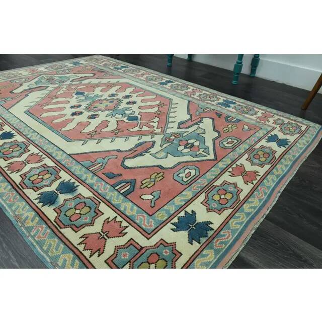 1970s Vintage Turkish Oushak Handmade Wool Cotton Pink Area Rug 162x226