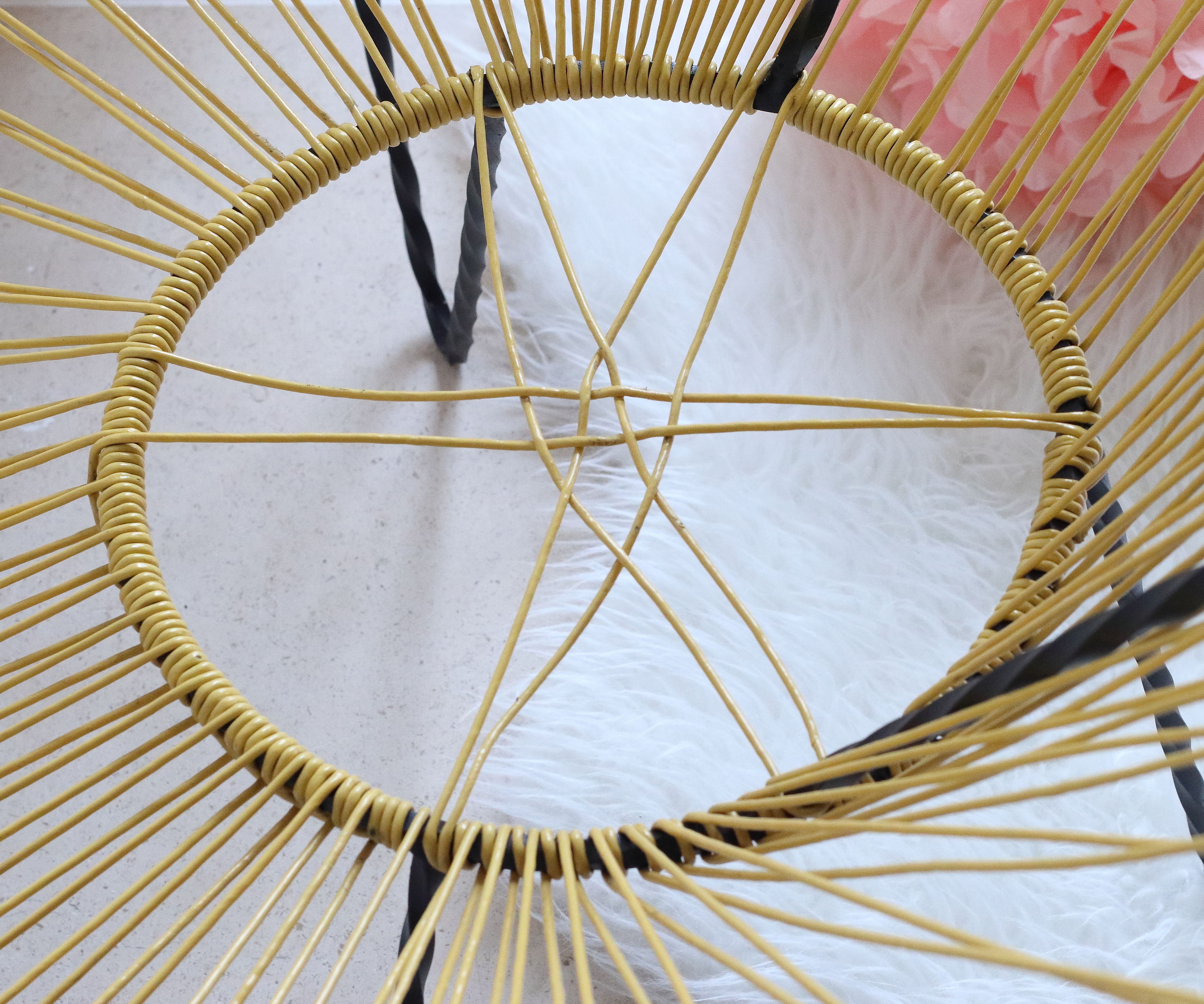 Pair of 60s tripod armchairs in metal and yellow scoubidou