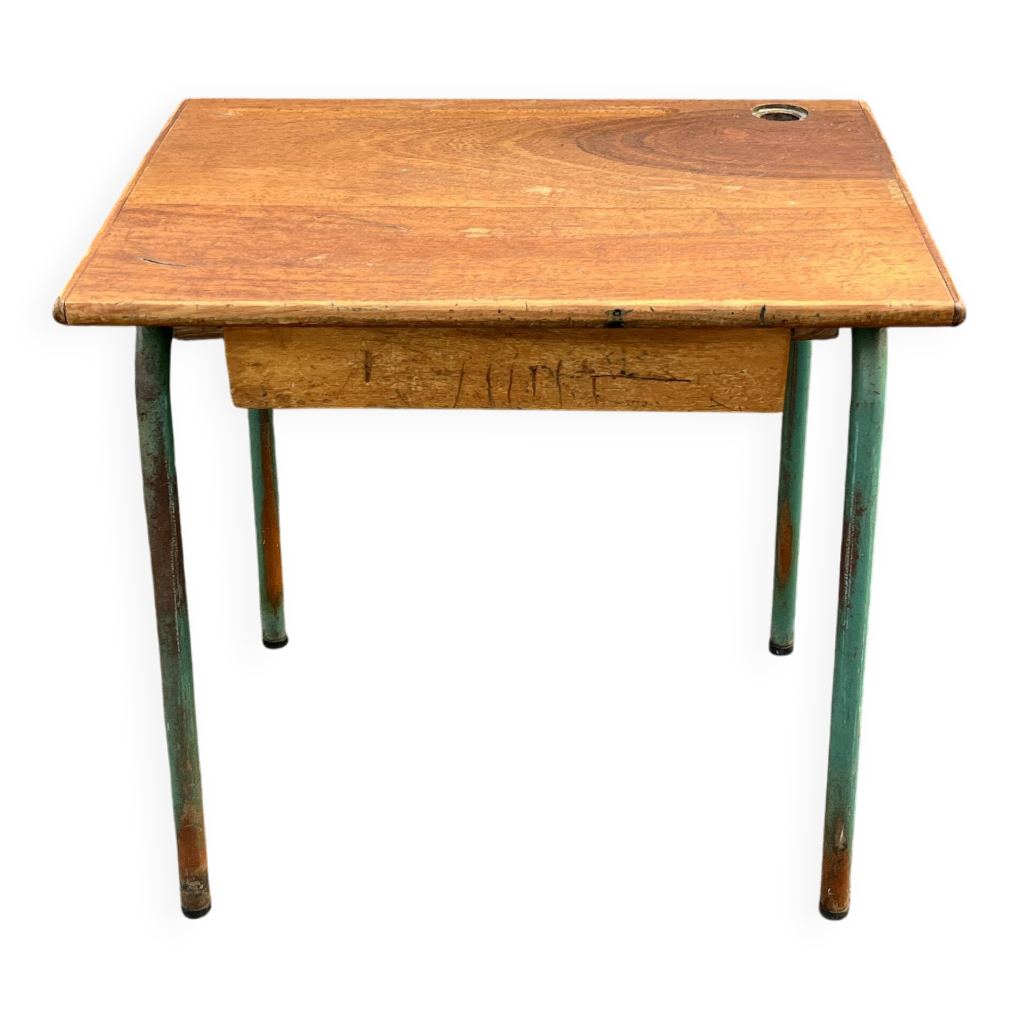Vintage school desk made of wood and green metal - inkwell hole - antique.